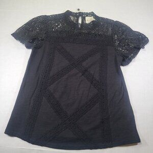 Ella Moss Lace Accent Black Short-Sleeve Blouse Keyhole Back Size XS